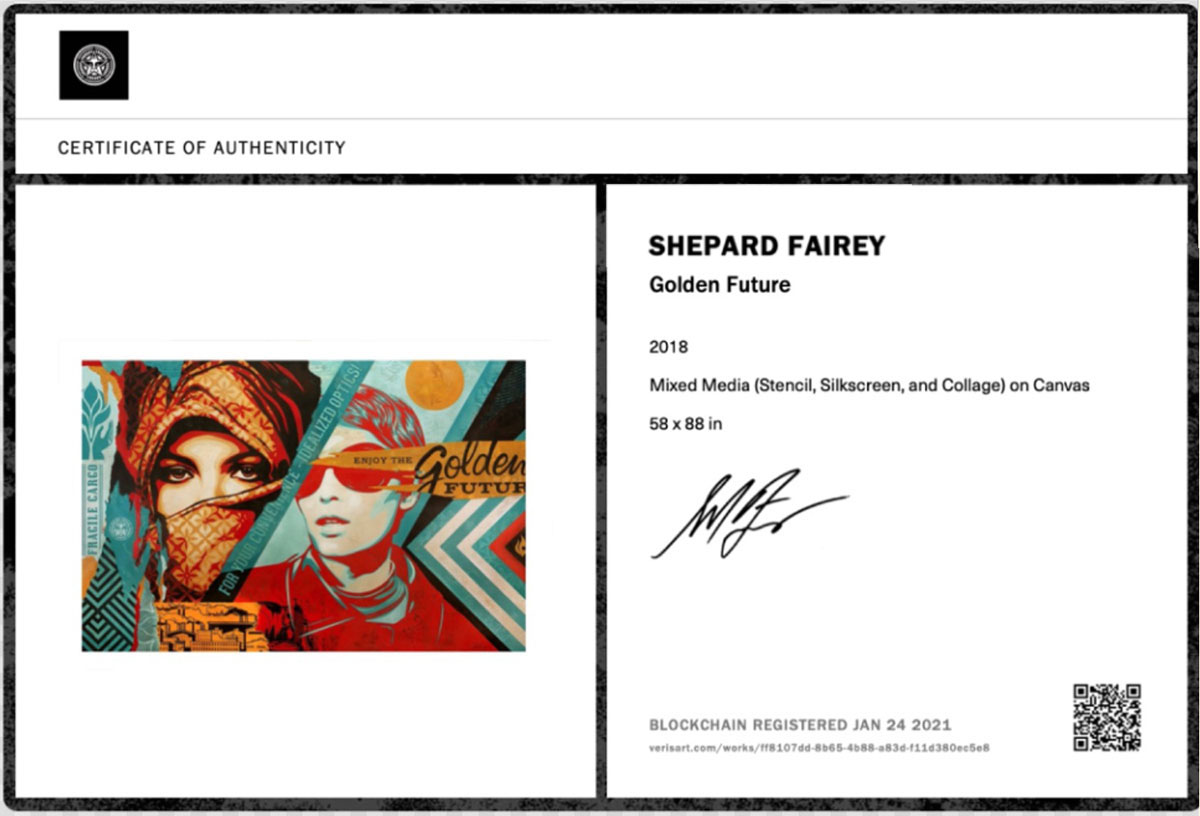 Shepard Fairey, Certificate of Authenticity by Verisart, courtesy of Verisart.