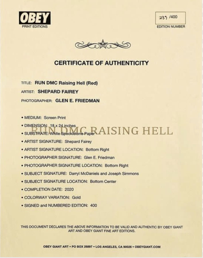 An example of Obey Giant/ Shepard Fairey Certificate of Authenticity before Verisart, © Obey Giant/Shepard Fairey